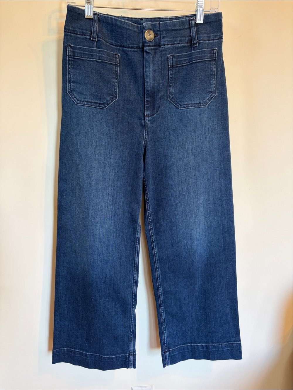 Pilcro High Rise Wide Leg Crop Jeans 28 Blue Patch Pocket Stretch Denim